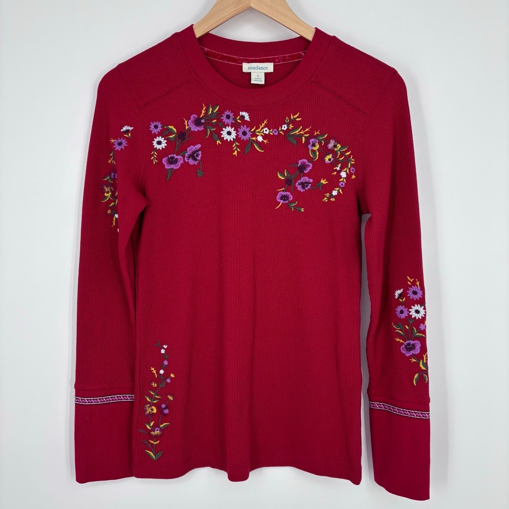 Sundance Embroidered Floral Waffle Knit Thermal Top Women Small Red Long Sleeve